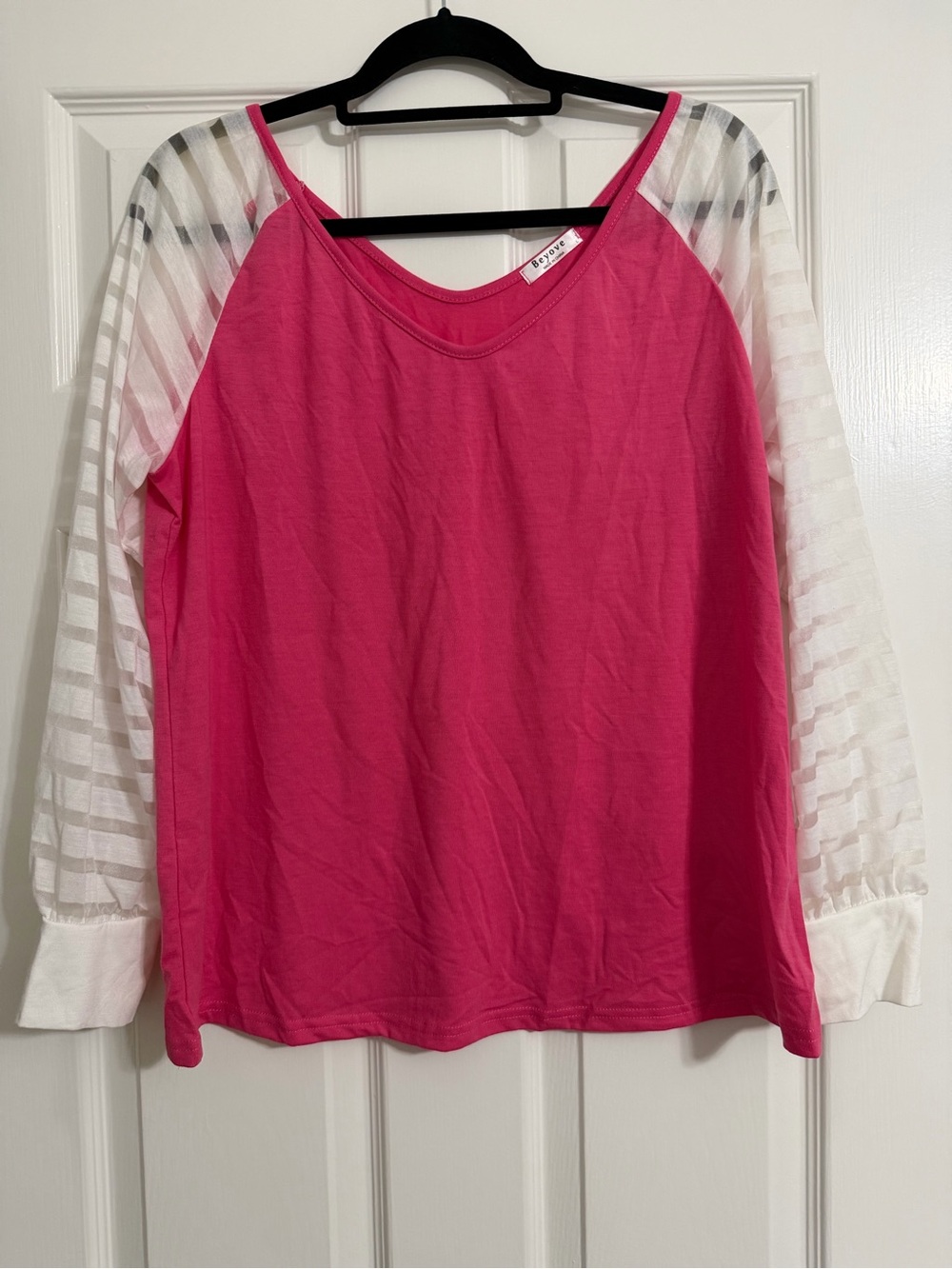 Women's Bright Pink Raglan Long Sleeve Top with Sheer Stripe Sleeves